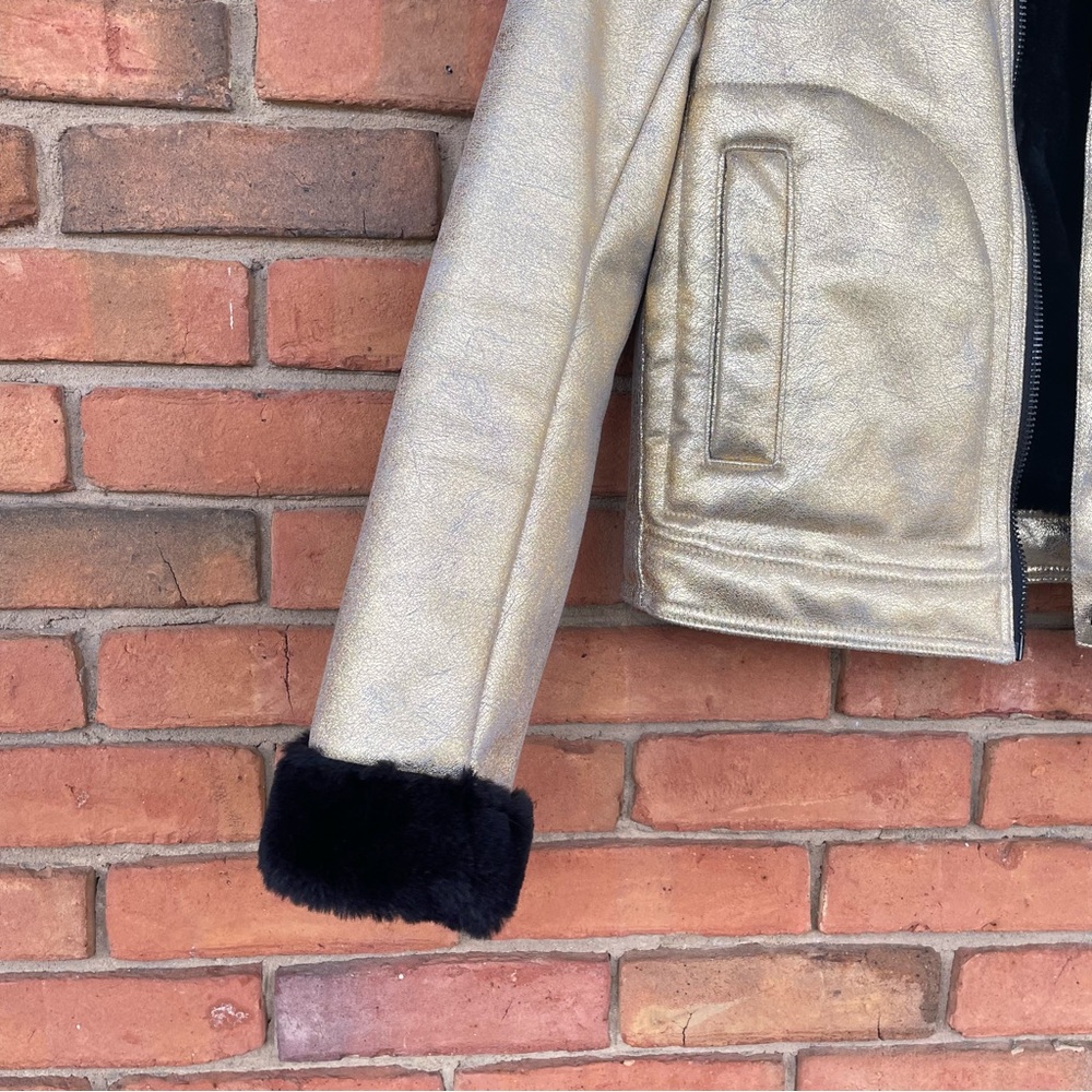 Divided H&M Jacket Gold Crackled Faux Fur Trim Matrix Motorcycle Coat Sz 2 - Picture 5 of 8